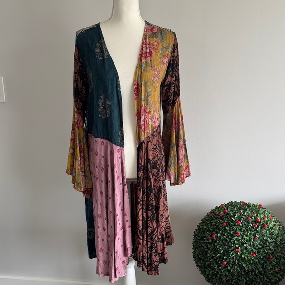 Patchwork Floral Kimono in Teal, Yellow, Pink & Brown with Flowy Bell Sleeves - Picture 2 of 6